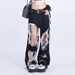 Kvinnor Jeans Streetwear Black Ripped Tassel Design Summer High midjan Straight Loose Old Slim Fit Wide Leg Pants 230530