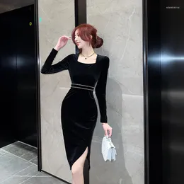 Casual Dresses Elegant Formal Black Diamante Velvet Long Sleeve Square Neck Slit Dress Slim Bodycon Nightclub Spring 2023 Fashion