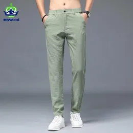 Pantaloni Pantaloni estivi da uomo elasticizzati casual slim fit elastico in vita jogger lino coreano traspirante verde chiaro pantaloni sottili di marca uomo 2838