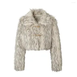 Women's Fur Vintage Women Faux Coat Turn Down Collar Short Warm Jackets Horn Button Winter Thicken Outerwaer 2023