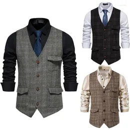 Gilet da uomo Abito retrò da uomo Gilet Moda Casual Tweed Risvolto Scollo a V Abito scozzese monopetto Slim Top Stile business