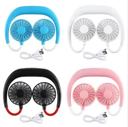 Ny Party Hand Free Fan Sports Portable USB uppladdningsbar Dual Mini Air Cooler Summer Neck Hanging Fan GG GG