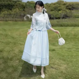 Neuer chinesischer Tang-Anzug für Damen, chinesisches Feng Shui, mit Tinte bedruckt, Hanfu-Qipao, verbessertes Set mit Knopfleiste und Oberteil