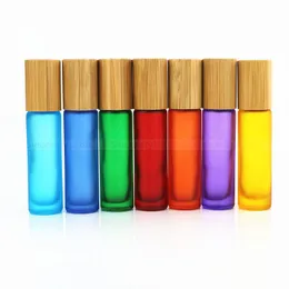 Bottle 10x 5ml 10ml Natural Bamboo Lid/ Cap Frosted Thick Glass Essential Oil Roll on Bottle Metal Roller Ball for Perfume Aromatherapy