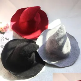Party Hats New Halloween Personality Wizard Creative Fashionaire Trend Designer Peaked Big Brim Wool Solid Color Fashion Caps Drop D Dhizu