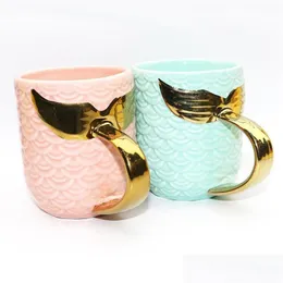 Mugs Mermaid Tail Ceramic Mug Gold Sier Handle Travel Drinkware Cup Creative Tea Coffee Breakfast Milk Cups DH1098 Drop Delivery Hom DHLN5