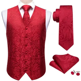 Chaquetas Chaleco de seda floral rojo Chaleco de traje delgado para hombre Corbata de cachemira Pañuelo Gemelos Chaleco de corbata Diseño Barry.Wang