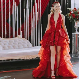 Kırmızı Halter Yüksek Düşük Homecoming Elbiseler Sequin A Hat Ruffles Prom Elbise Merhaba Düşük Katmanlı Kadınlar Özel Fırsat Önlükleri