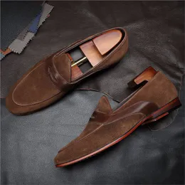 Storlek 6-10 Spring Autumn Suede Mens Penny loafers äkta läderbrun slip på klänningskor män bröllop casual affärsskor