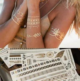 Tatuagens 10 folhas Fashion Gold Silver Metal Flash Tattoo Metallic Tattoo Sticker Temporary Body Art Women Beach Waterproof Size 15X21c