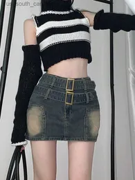 Y2K Vintage Women Korean Button Belted Short Denim Mini Skirts Aesthetic Fairy Grunge High Waiste Jeans A-line Skirt Alt Clothes
