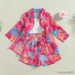 Clothing Sets Girls Outfit 3-7Y Fashion Kid Children Tie-dye Long Sleeve Chiffon and Elastic Shorts Camisole Summer Outfits