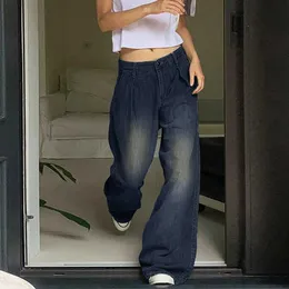 Kadınlar için mavi kot pantolon 2023 yeni moda bahar rahat gevşek eski düşük bel kot pantolon şık düz tam uzunluk y2k pantolon