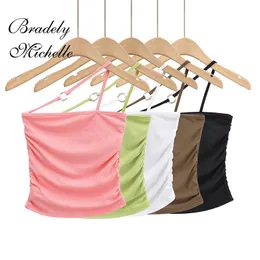 T-shirt 2022 delle nuove donne Crop Top corto sexy sottile Petalo Croce Halter cinturino per spaghetti Canotta solida