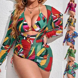 Swimwear 3 Piece Plus Size High Waist Bikini Sets With Long Sleeves Large Size Cover Ups Swimsuit 4XL Halter Size Push Up Bathing Suit