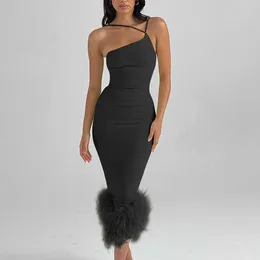 Knitting Dress for Women 2023 New Vintage Feathers Trumpet Mermaid Midi Dress Chic Slim Diagonal Collar Evening Dresses