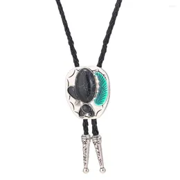 Bow Ties Western Cowboy Zinc Alloy Point Oil Natural Turquoise Bolo Tie Men And Women Pendant Leather Rope Necklace