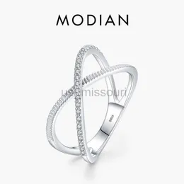 Bandringe MODIAN Authentischer 925er Sterlingsilber funkelnder klarer CZ-Kreuzring für Frauen, schlichter Designring, feiner Schmuck, Geschenkzubehör, J230531