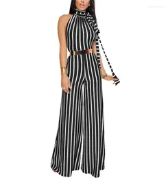 Women's Jumpsuits European And American Women's Fashionable Pants Sexy Stripes BARE-BACKED Broad-legged S-XL