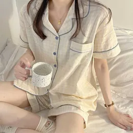 Pyjamas coréens pour femmes sans maille imprimée pyjama en fil de coton imprimé haut court + ourlet plissé à manches courtes pour la maison avec une peau respirante G220531