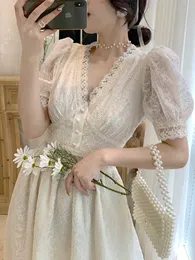 Party Lantern Sleeve Dress for Women 2023 New Fashion French Style Long Sleeve White Dress Elegant V Neck Lace Midi Dress