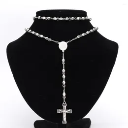 Chains 6mm Stainless Steel Bead Chain Rosary For Men Jesus Cross Pendant Long Necklace High Quality Rosaries Wholesale