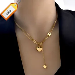 Water Resistant 316L Stainless Steel Long Love Heart Necklace 18K Gold Plated Star Hanging Chain Heart Star Pendant Necklace