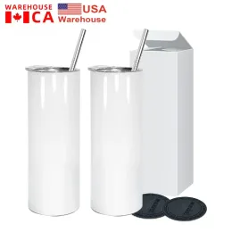China EUA armazém de aço inoxidável reto 20 onças de copo sublimação em branco Canecas de carro com palha de plástico e garrafas de água isoladas de tampa