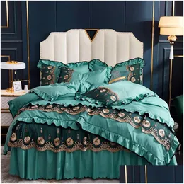 Bedding Sets Luxury Satin Jacquard Silk/Cotton Set Lace Duvet Er Bedsa de cama Pounhores de lençóis da cama Rainha King Plus Drop Delivery Home Dhvrt