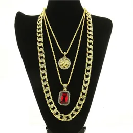 Fashion-Hop Necklace Jewelry New Ruby Pendant Necklace 3st Set Fashion Cuban Link Chain Jewelry Set292w