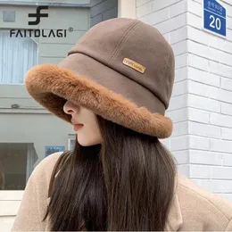 Wide Brim Hats Bucket Winter Women Plush Fisherman Cap Thick Fluffy Fur Panama Basin Solid Color Hat Windproof Female Warm Bonnet Visors 231130