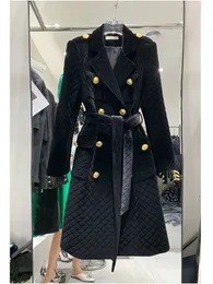 Kurtki damskie High Street Est Projektantka mody Overcoat Dame Dame Breasted Plaid Belted Velvet Long Płaszcz 231109