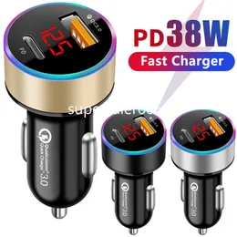 Fast Quick Charging Dual Ports Type c USB C Car Charger 38W PD 20W Metal Auto Power Adapter Chargers For Iphone 14 15 pro Max Samsung S23 S24 Htc S1 PC Mp3
