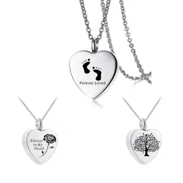 Heart Shape Tree Footprint Rose Pattern Cremation Urn Pendant Necklace Memorial Ashes Keepsake Gift Jewelry for Women Men236Q