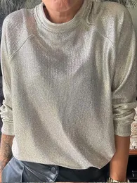 Magliette da donna scintillanti manica lunga argento magliette da donna allentate basic O-Collo pullover casual 2023 autunno moda femminile streetwear t-shirt