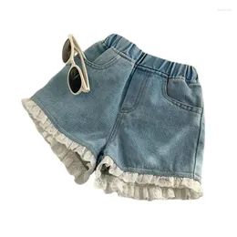 Shorts crianças meninas jeans moda renda flor arco elástico cintura denim adolescente verão fino crianças menina roupas 3-13 y