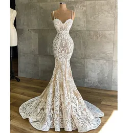 Spaghetti Straps Arabic Mermaid Wedding Dresses Illusion Lace Appliques Formal Bridal Gowns Custom Made Vestidos de Novia