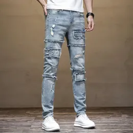 Moto Biker Men Light Blue Stretch Hip Hop Jeans Pants Denim Trousers S Clothing Patchwork Streetwear Destroyed Boys