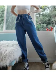 Jeans da donna Charmingtrend Jeans ricamati da donna Chic Pantaloni a vita media con tasche in denim casual Pantaloni dritti da ragazza Blu 231201