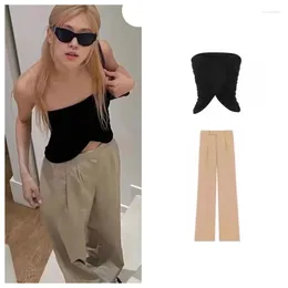 Women's Two Piece Pants Kpop Korean Summer Black Slit Off-Shoulder Tshirt Slim Crop Tops Women Streetwear Loose Straight Suit Set