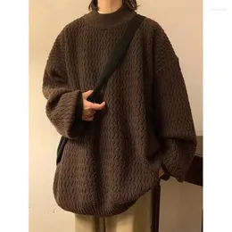 Erkek Sweaters koyu kahverengi orta yakalı kazak Japon tembel retro kalın sonbahar ve kış antik dalgalı gevşek gündelik moda erkek