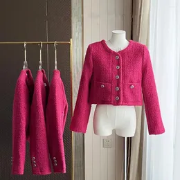 Женские куртки Маленькие ароматные розово-красные шерстяные твидовые укороченные топы Осень-зима Женские однобортные винтажные короткие пальто с длинными рукавами