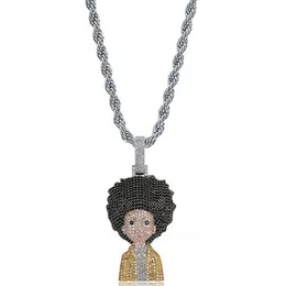 14k banhado a ouro gelado huey boondocks pingente colar masculino micro pave zircônia cúbica diamantes simulados com corrente de corda de 24 polegadas3484