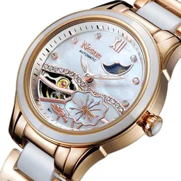 Armbandsur Schweiz Nesun Automatiska mekaniska kvinnors klockor Dual Skeleton Waterproof Diamond Moon Phase Clock N9071