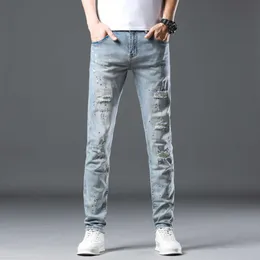 Skinny Fit Skinny Ripped Hip Hop Jeans Light Strelged Male calça de jeans de rua de rua Pintura casual patcheded