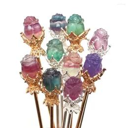 Loose Gemstones Natural Fluorite Rose Vintage Hair Sticks Hairwear Healing Crystal Flower Carving Hairpin Disk Hairsticks Headdress Jewelry