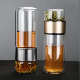 Becher Tee Wasserflasche Hohe Borosilikatglas Doppelschichtbecher Infuser Tumbler Trinkgeschirr mit Filter 231130