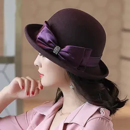 Cappelli a tesa larga Cappelli a secchiello Beckyruiwu Regalo per la madre Lady Banchetto Formale Feltro Grande Bowknot Cappelli Fedora Donna Inverno 100% Cappello di lana australiana 231130