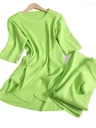 Pantalones de dos piezas para mujer primavera/verano suéter suelto de Color sólido tejido dividido elástico cintura alta pantalones casuales conjunto de piezas
