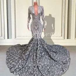 Sparkly Gümüş Sequin Deniz Kızı Prom Elbise 3D Florals Seksi V Boyun Uzun Kol Afrika Gece Elbise Glam Zarif Resmi Doğum Günü Partisi Önlükler Abaya Promptress 2024